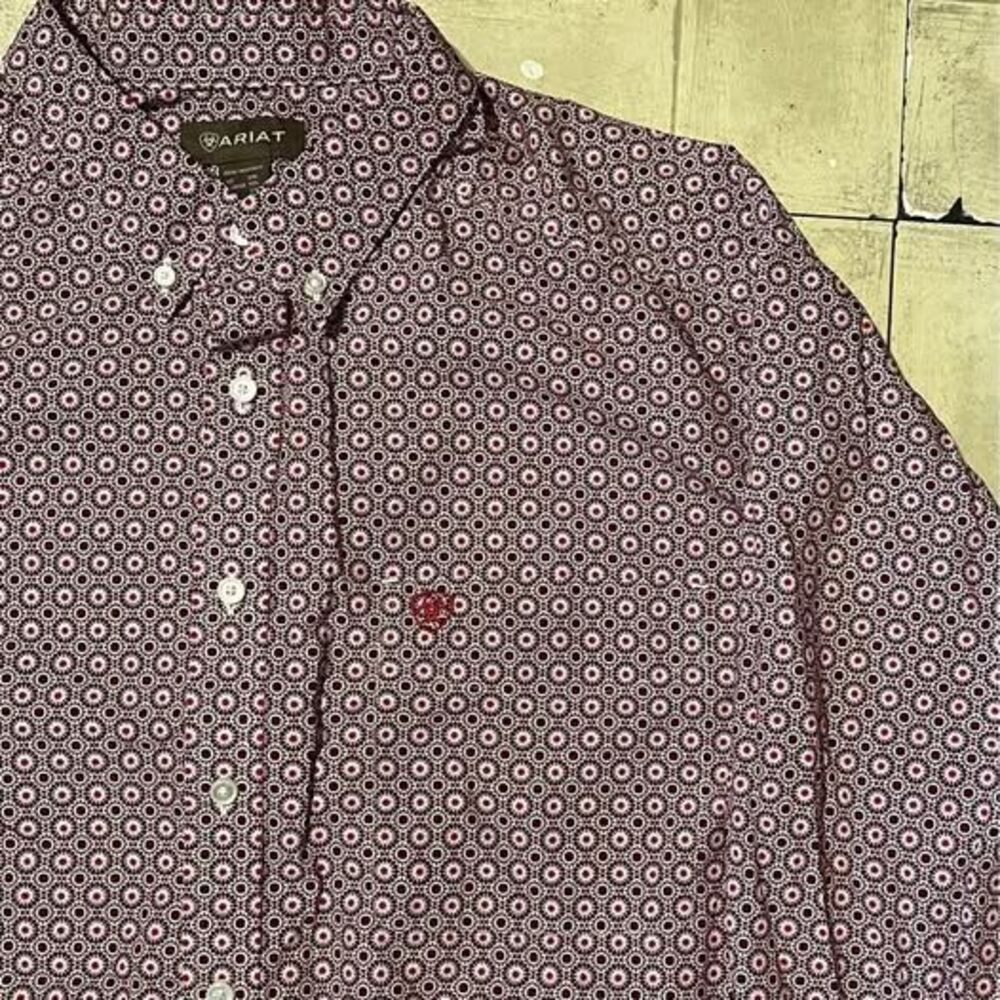 Ariat long-sleeve western shirt maroon and white geometric pattern size XXL